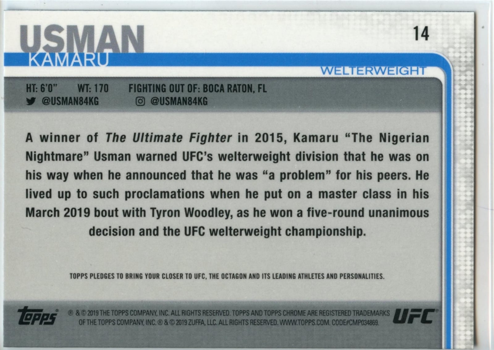2019 Topps Chrome UFC #14 Kamaru Usman — back