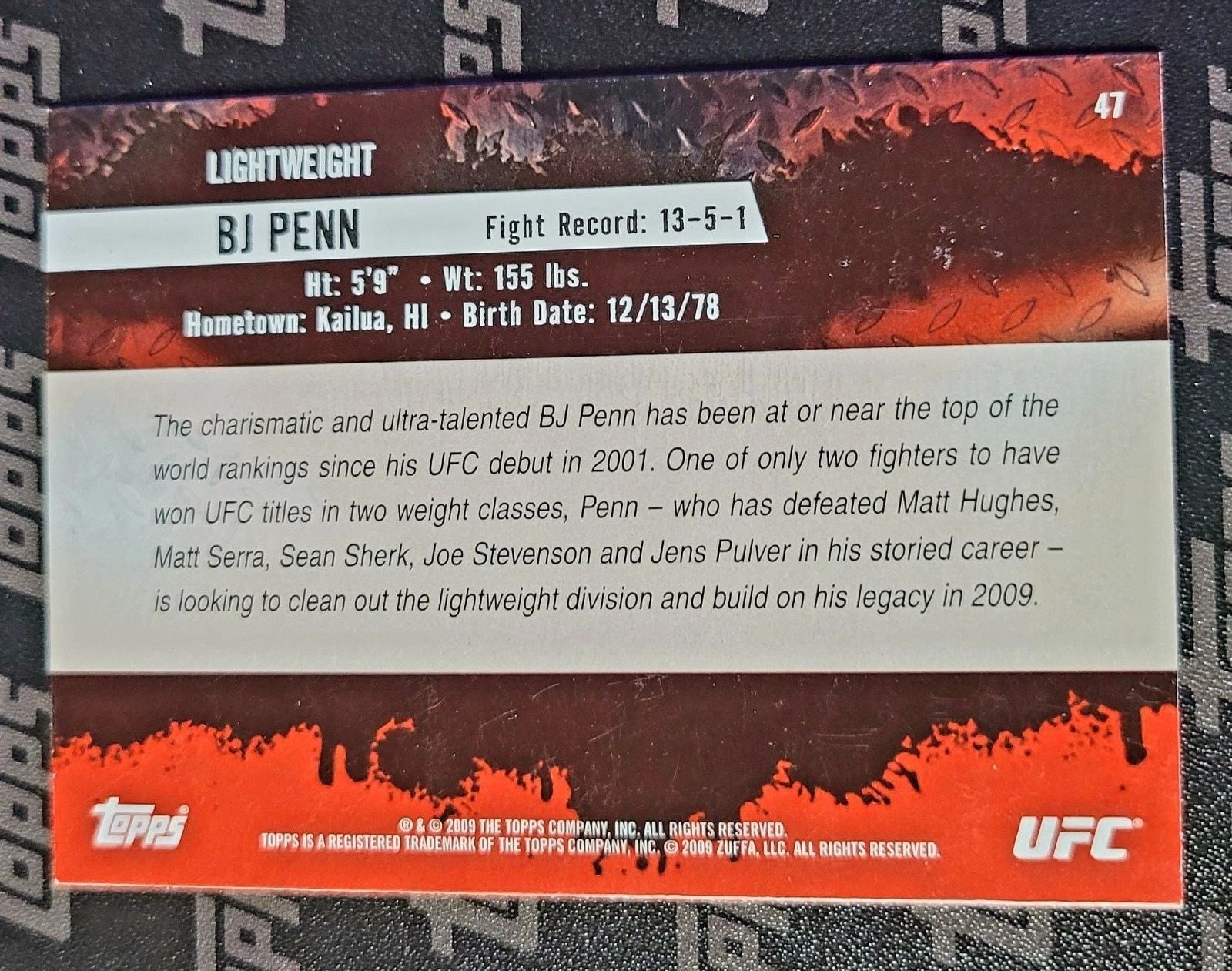 2009 Topps UFC Round 2 #47 BJ Penn — back
