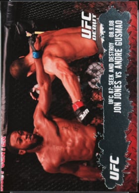 2009 Topps UFC Round 2 #101 front: Jon Jones and Andre Gusmao in the Octagon at UFC 87, with a UFC Debut stamp and the text UFC 87: Seek and Destroy 08.9.08, Jon Jones vs Andre Gusmao