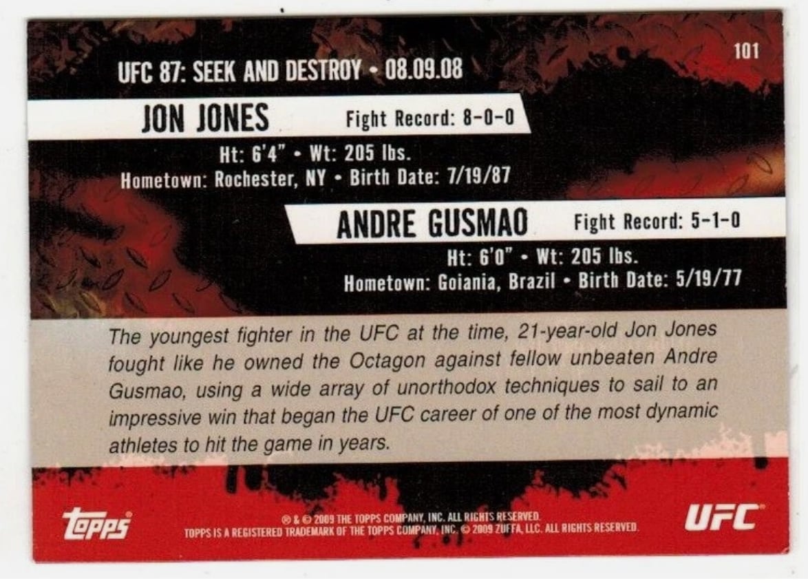2009 Topps UFC Round 2 #101 back: card number 101, UFC 87: Seek and Destroy 08.09.08, fight records and bios for Jon Jones (8-0-0) and Andre Gusmao (5-1-0), 2009 Topps copyright
