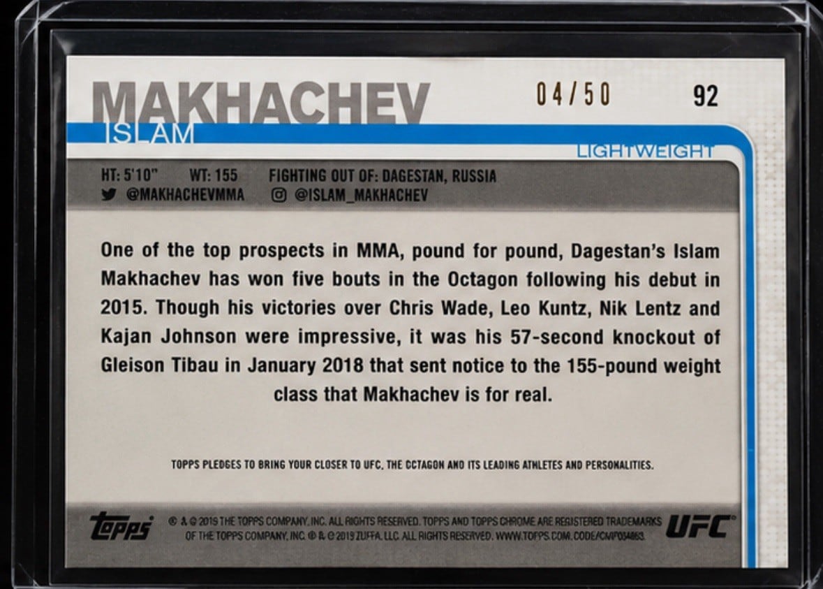 2019 Topps Chrome UFC #92 Gold /50 — Islam Makhachev — back