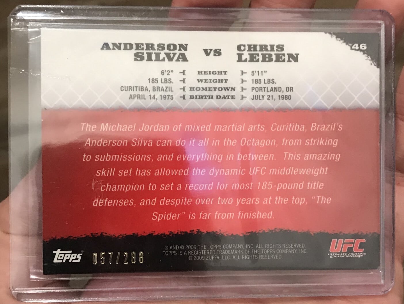 2009 Topps UFC Round 1 #46 Silver /288 — Anderson Silva / Chris Leben — back