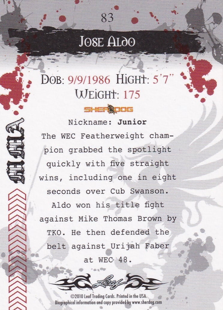 2010 Leaf MMA #83 Jose Aldo — back