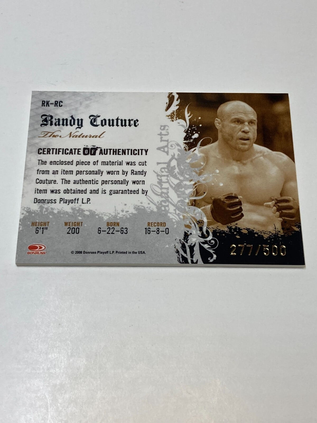 2008 Donruss Americana II #RK-RC — Randy Couture — Ring Kings Material parallel, back