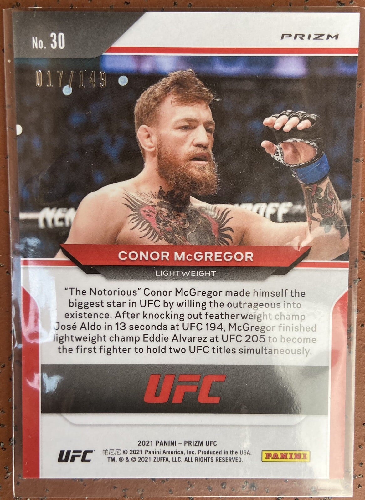 2021 Panini Prizm UFC #30 — Conor McGregor — Purple parallel, back