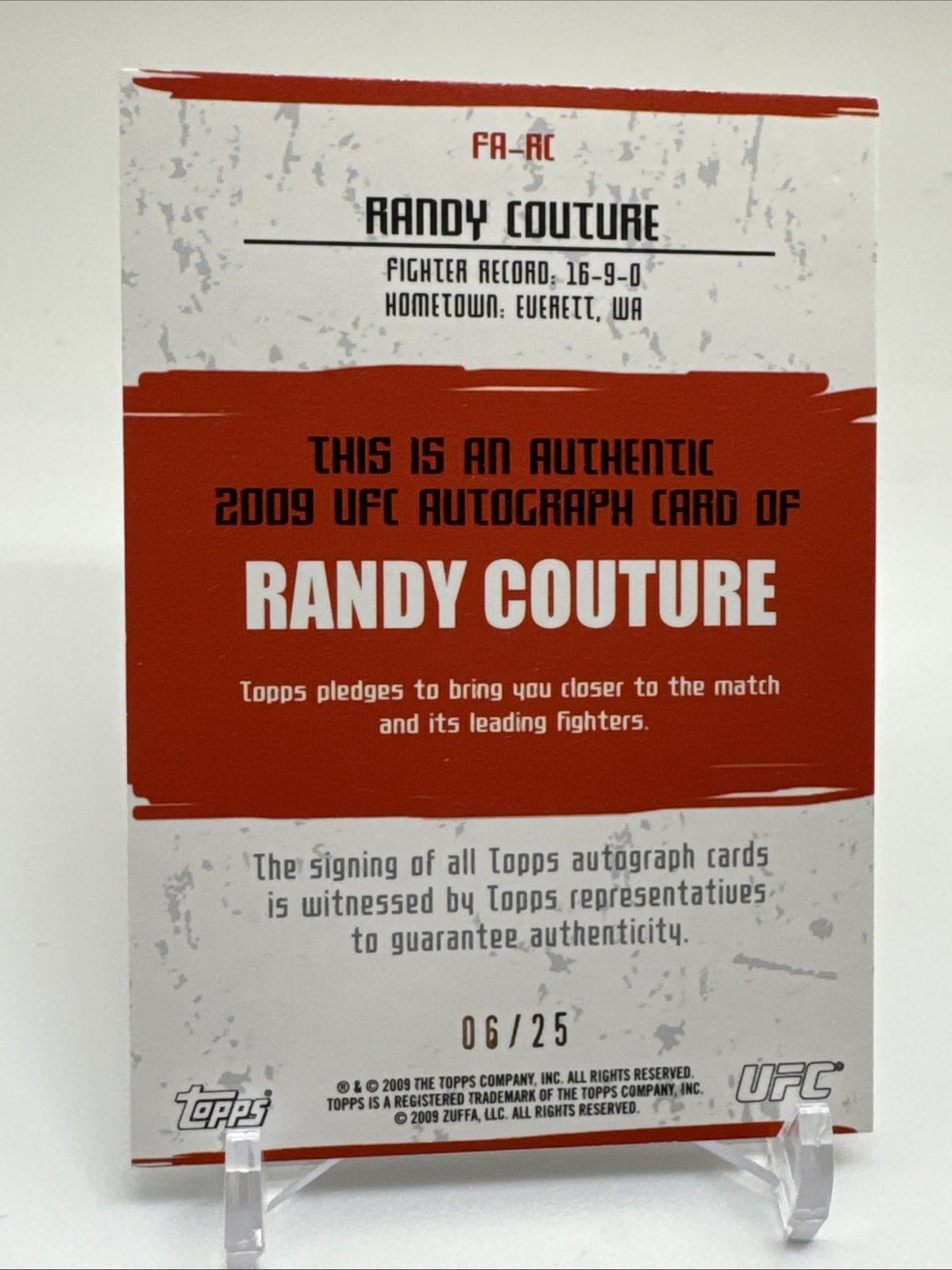 2009 Topps UFC Round 2 #FA-RC — Randy Couture — Red Ink parallel, back